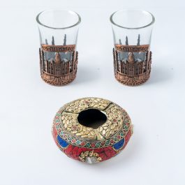Handcrafted Taj Mahal Shot Glass Pair with Decorative Ashtray – Indian Souvenir Gift Set